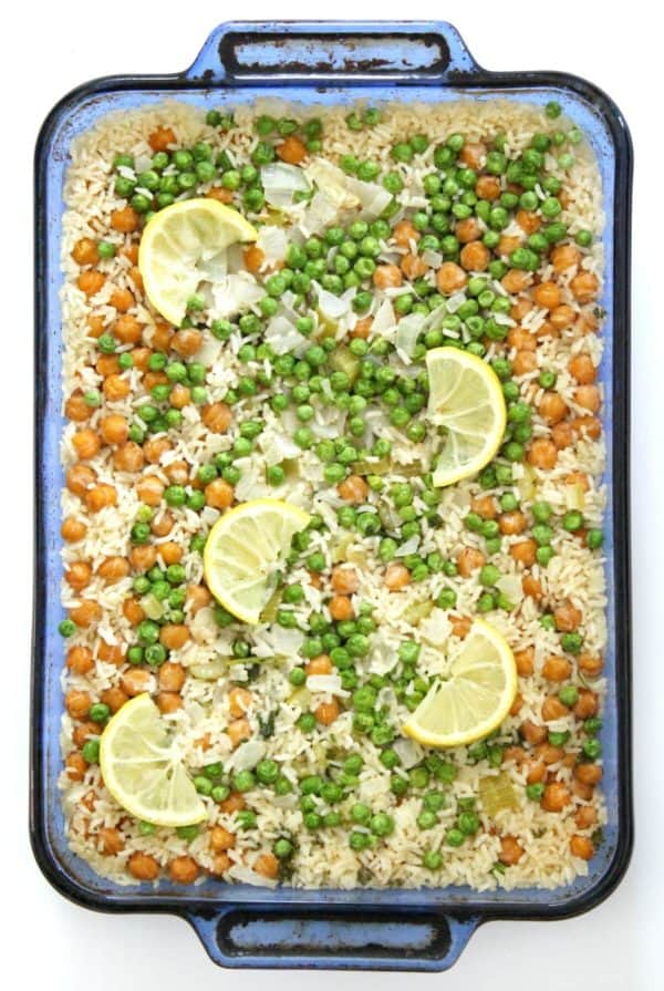 Easy vegan lemon chickpea rice casserole dish perfect as a budget dinner recipe!