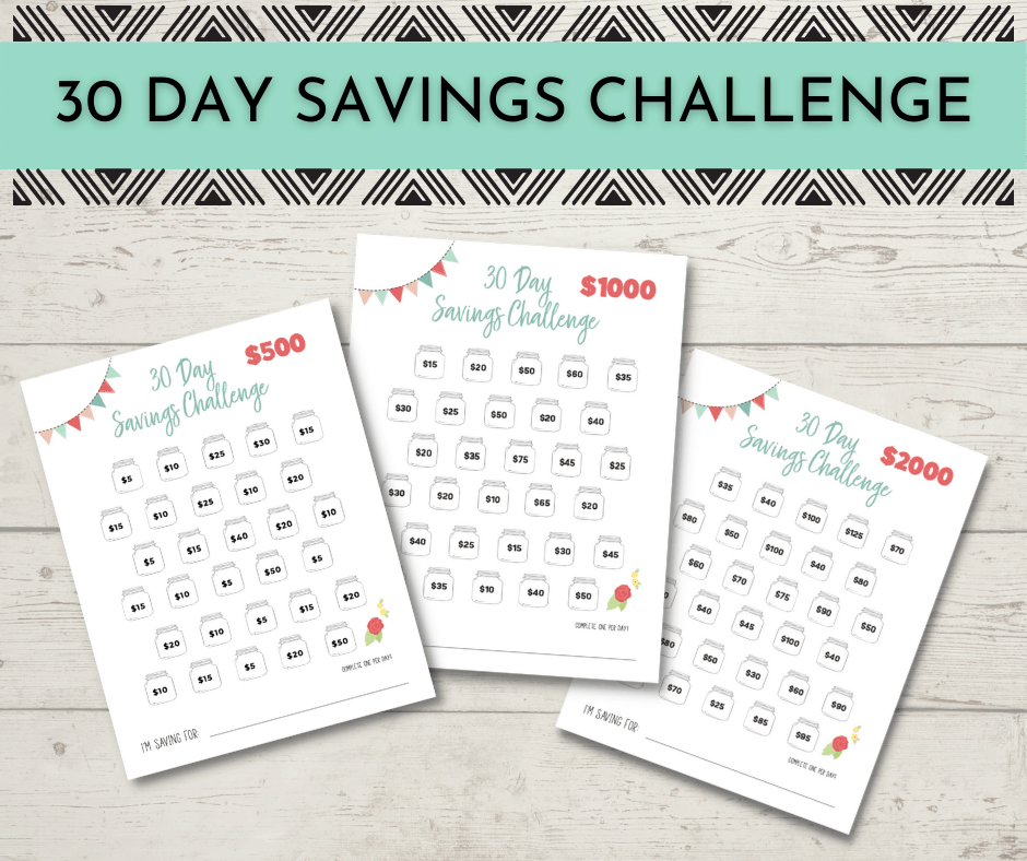 30 Day money savings challenge printable. Grab this bundle to start your own 30 day savings challenge now!